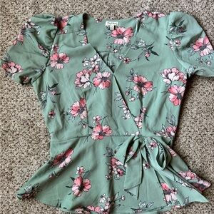 Lily White Floral Wrap Blouse - Green and Pink